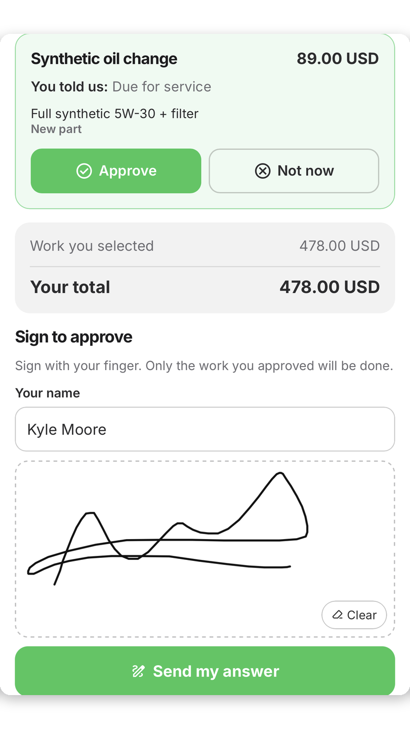 The estimate as the customer sees it: each job priced, an Approve button, and a signature box.
